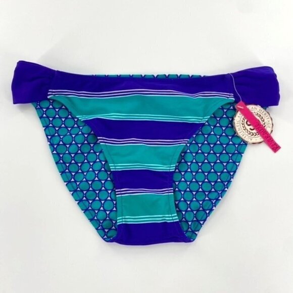 NWT Reversible Swimsuit Bikini Bottoms Juniors Sz Large Blue Teal Strip Ruched - Picture 1 of 10